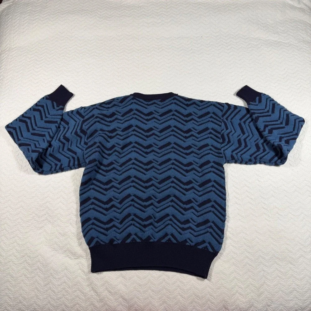 Vtg Neiman Marcus Mens XL Blue Black Zig Zag Knit Sweater Long Sleeve‎ 100% Wool